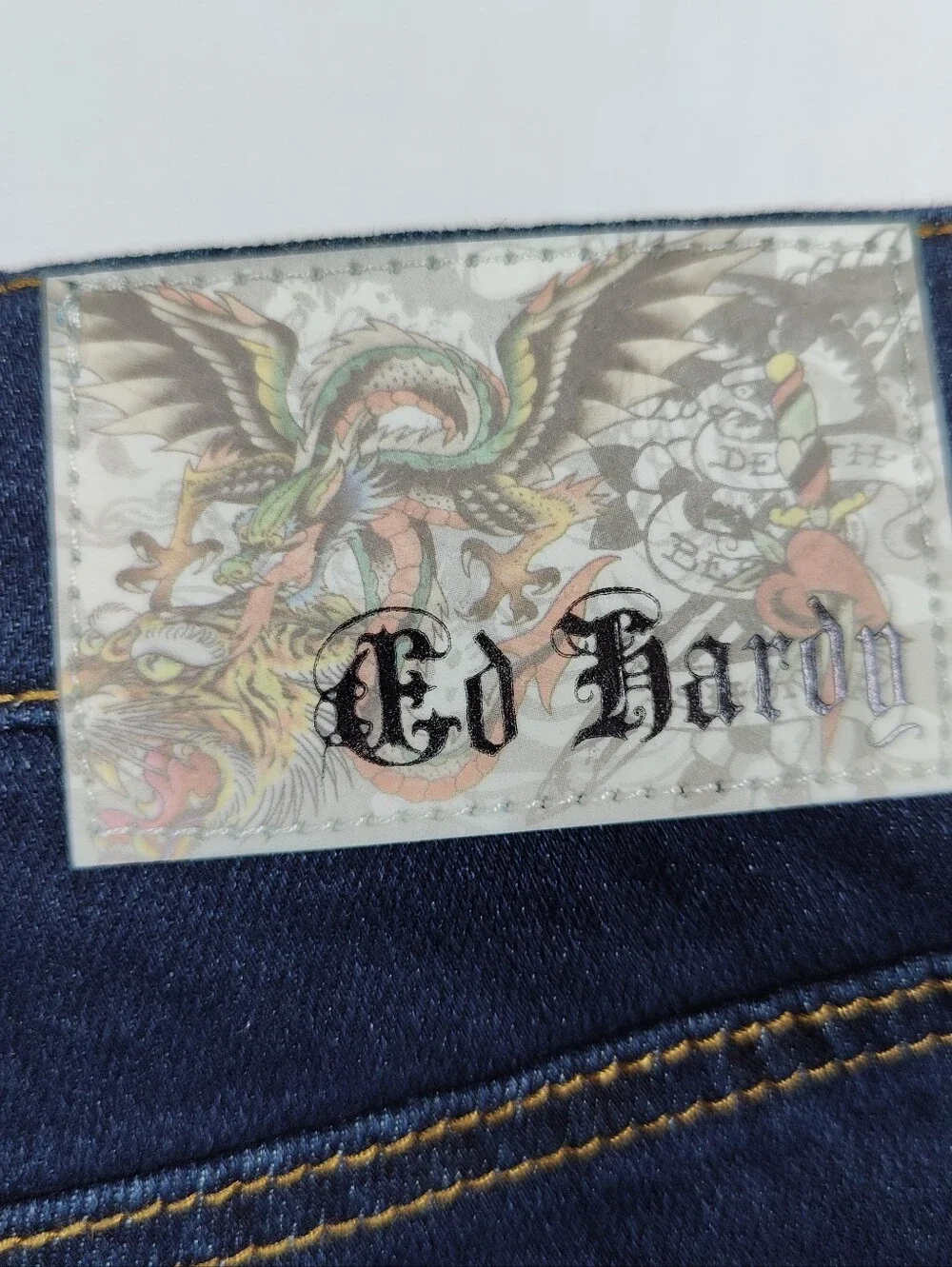NWT Ed Hardy Stacked Boot Raw Hem The Corps Snake Dark Wash Jeans Size 32x36